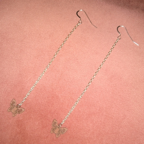 Solid 925 REAL Sterling Silver Wires Handmade Long Chain Butterfly Earrings New - Picture 3 of 10